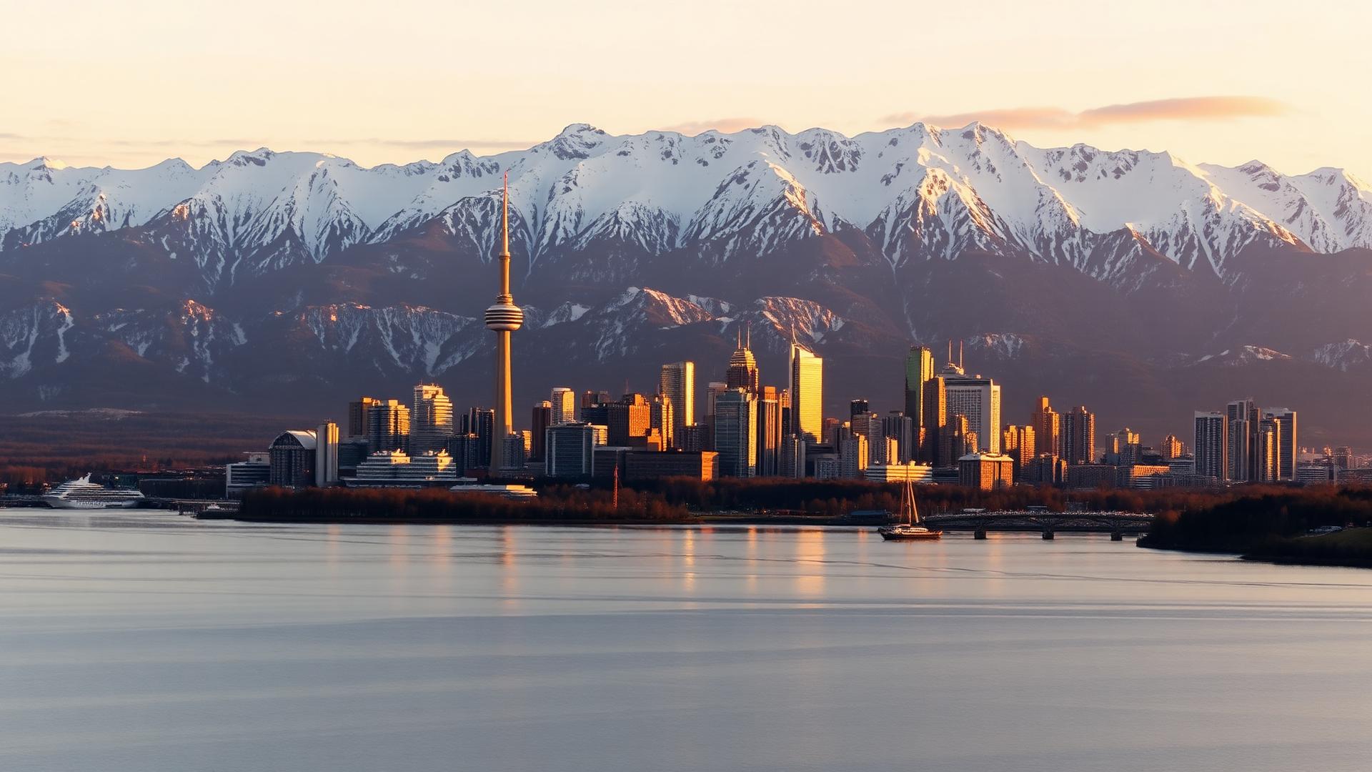 Canadian skyline at golden hour with snow-capped Rocky Mountains and a calm lake reflection
